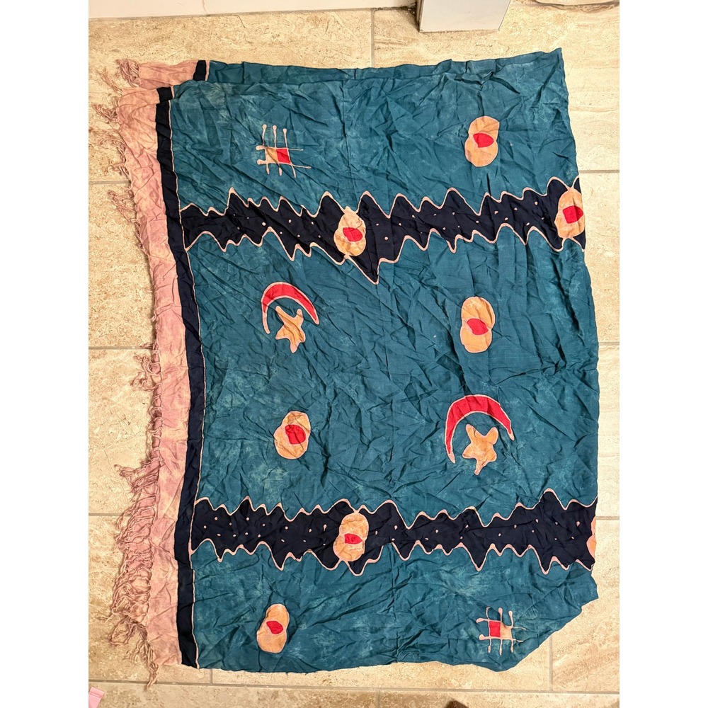 Vintage Teal Batik Sarong Wrap Celestial Moon Star Print Fringed Beach Coverup
